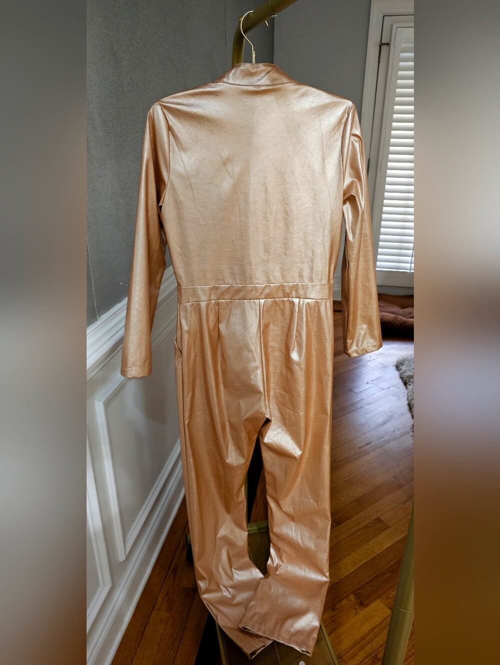 Chic Rosegold High Neck Long Sleeves Latex Jumpsuit. - Picture 11 of 15